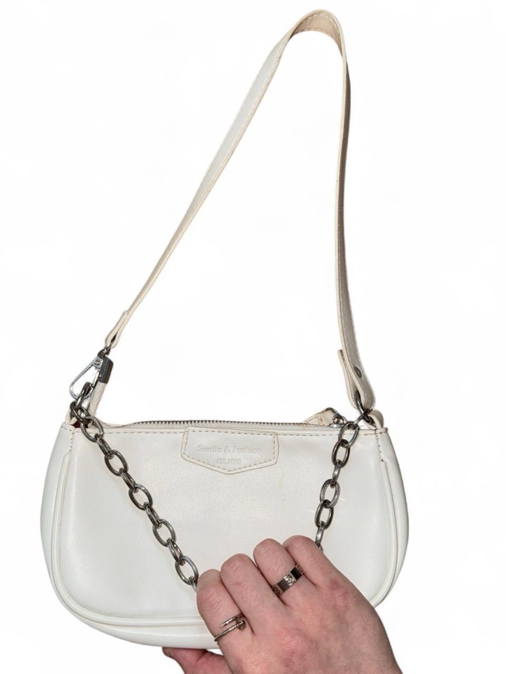 White Shoulder Bag with Silver Chain Detail